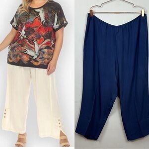 Citron Santa Monica 100% Silk Navy Button Detail Pull On Pants Sz 1X